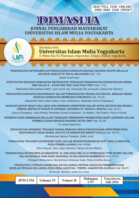 					View Vol. 4 No. 2 (2026): DIMASLIA JURNAL PENGABDIAN MASYARAKAT MULIA MADANI YOGYAKARTA
				